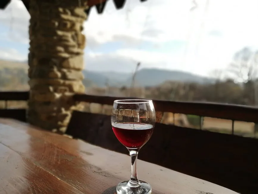 Verre de vin rouge posé sur la table, vue sur la campagne siennoise