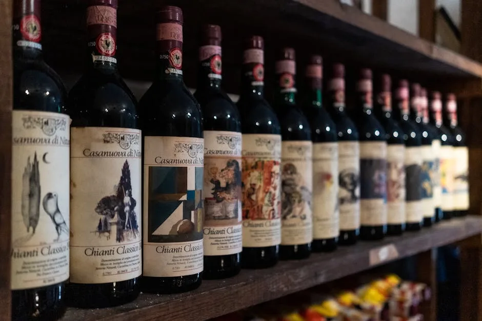 Bouteilles de Chianti Classico alignées dans une boutique de Sienne