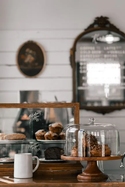 Vitrine de café avec viennoiseries sous cloche et tasse blanche
