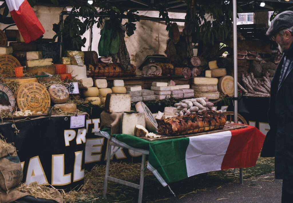 Local market Siena artisan stall food cheeses
