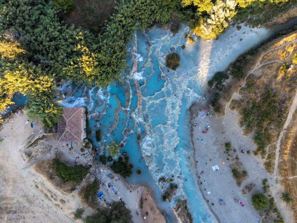 Saturnia thermal spring aerial view morning