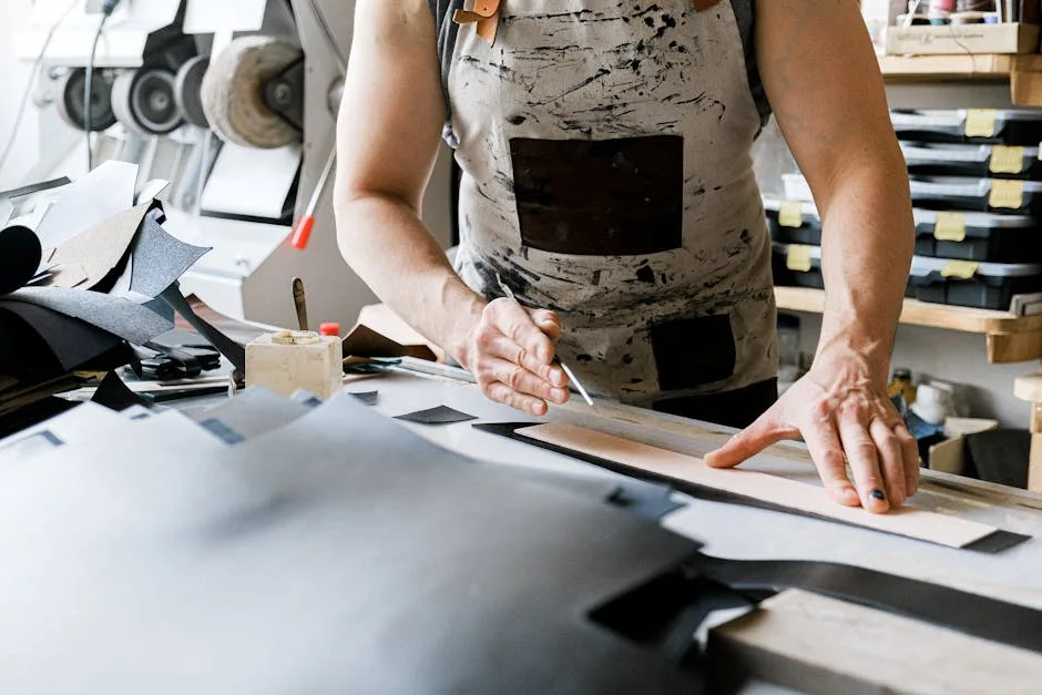 Artisan coupe et mesure du cuir sur établi dans un atelier à Sienne