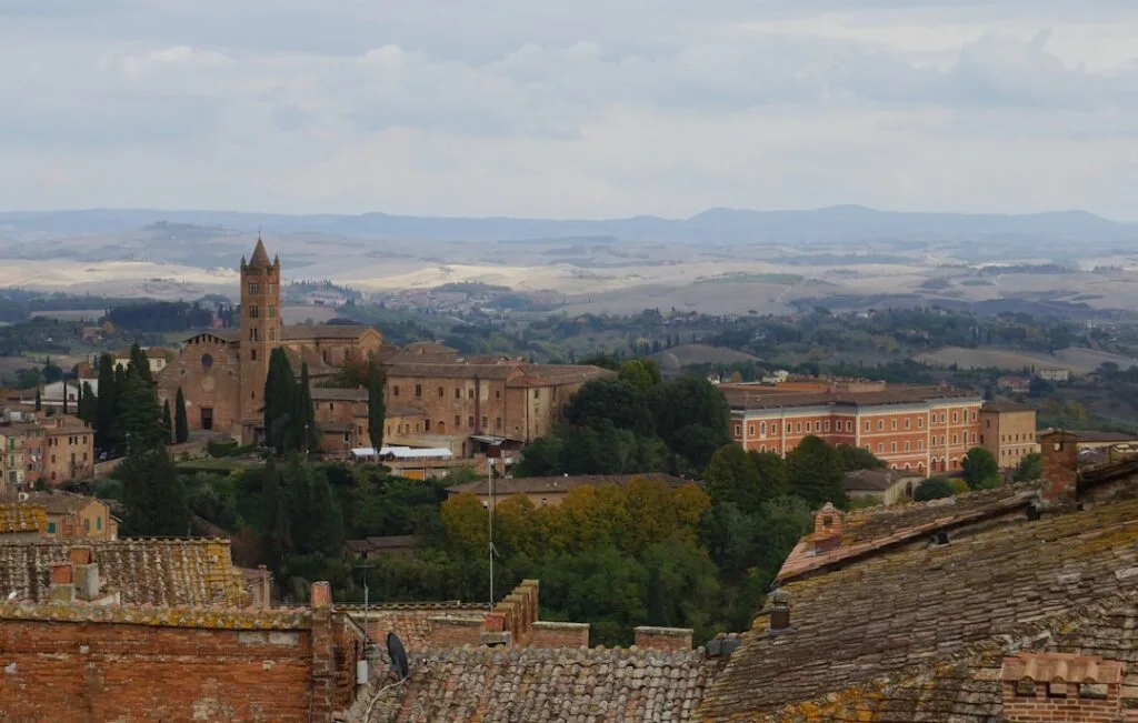 Panorama des collines toscanes depuis Sienne, église et toits en terre cuite
