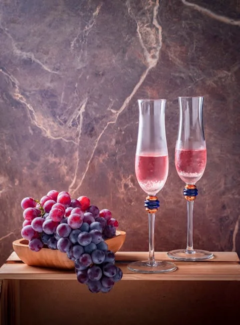 Raisins et deux flûtes contenant du vin rosé sur bois