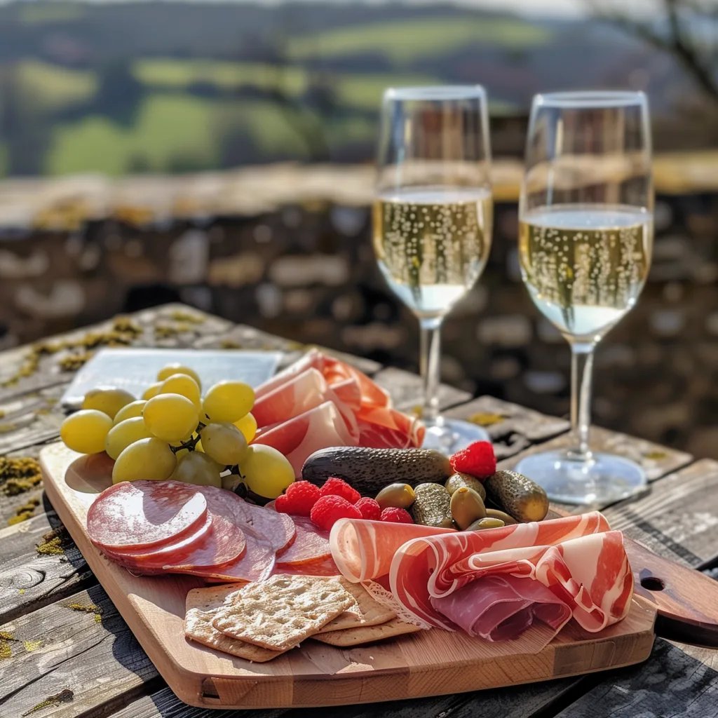 Planche de charcuterie et deux flûtes de vin blanc dans un vignoble du Chianti